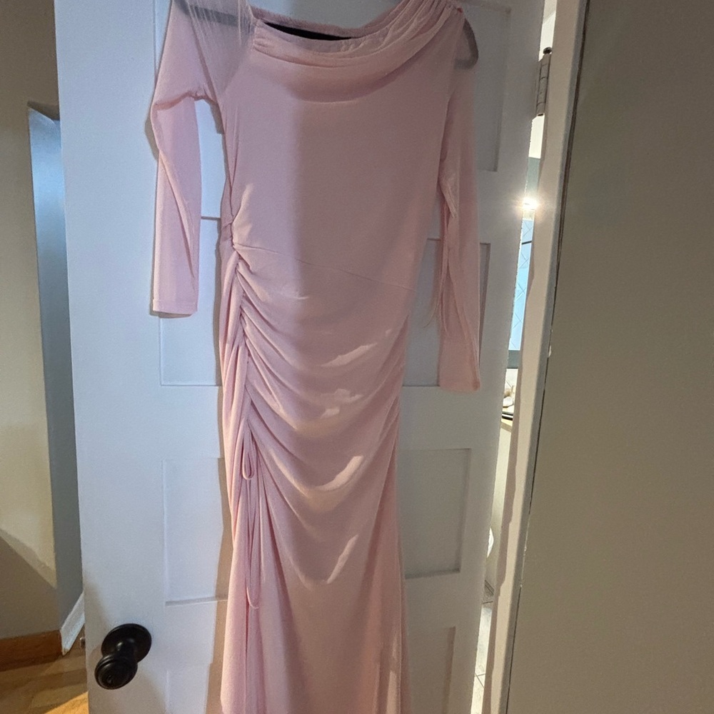Pink One Shoulder Ruched Gown - Picture 2 of 4